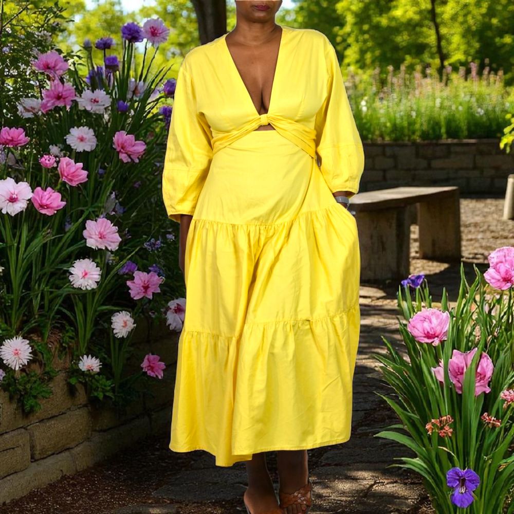 Derek Lam Twist Front Midi Dress Yellow Waist Cutout Cotton Tiered Medium 40 8